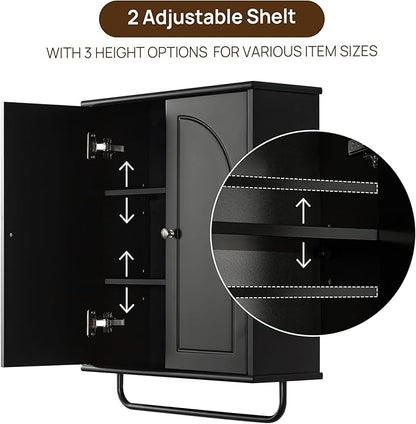 Bathroom Storage Cabinet with Adjustable Wood Shelves, Unique Arched Groove Design On The Door, Wall Mounted with Towels Bar, Over The Toilet Storage Cabinet with DTC Silent Buffering Hinge