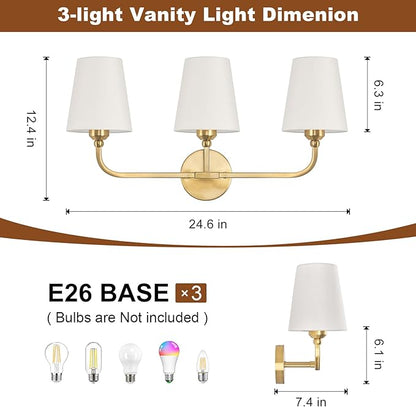 Bathroom Vanity Light, Brushed Gold Bathroom Light Fixtures, 3-Light Lighting Fixtures Over Mirror, Modern Wall Sconce with Flared White Fabric Shade, E26 Socket(ETL Listed)