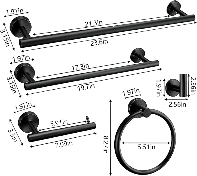 Upgraded Thickened 5-Piece Matte Black Bathroom Hardware Set, 23.6 Inch SUS304 Stainless Steel Towel Bar, Toilet Paper Holder, Modern Black Bathroom Accessories Kit (5 Pack, Black)