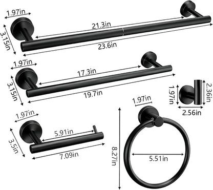 Upgraded Thickened 5-Piece Matte Black Bathroom Hardware Set, 23.6 Inch SUS304 Stainless Steel Towel Bar, Toilet Paper Holder, Modern Black Bathroom Accessories Kit (5 Pack, Black)
