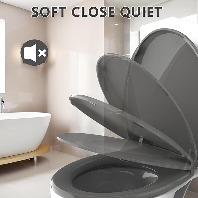 Round Toilet Seat, 16.5inch, Soft Close Quiet, No Alam, Standard Round Universal Size, PP Material Safe and Easy Clean, Dark Grey