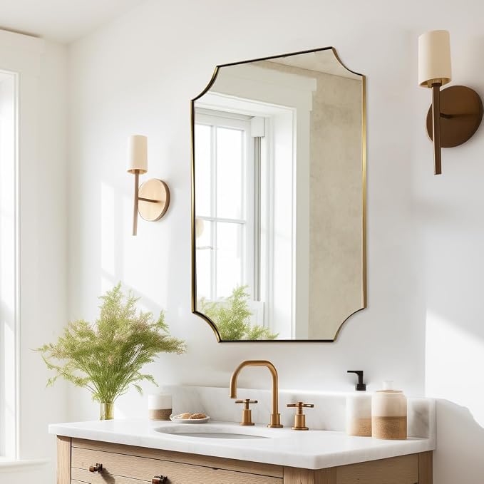 Brushed Gold Rectangle Mirror, 24x36 Inch Scalloped Bathroom Mirror, Unique Rectangular Mirror with Scalloped Design, Anti-Rust Stainless Steel Frame Deep 1"