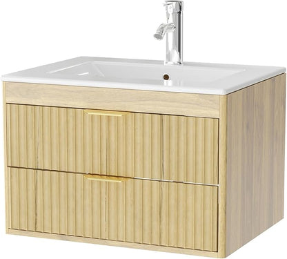 24 Inch Floating Bathroom Vanity with Sink, Bathroom Wall Cabinet with 2 Fluted Drawers & Metal Handle, Wall Mounted Cabinet for Bathrooms (Natual Yellow, 24 inch, with Sink)