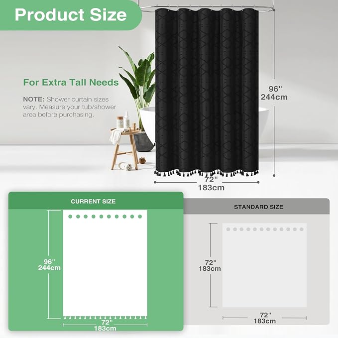Extra Long Boho Shower Curtain Tufted Geometric 72"x96" Black | 96 Inch Tall, Elegant Tassel, Lightweight Textured Fabric, Water Repellent, Washable, Hotel Spa, for Bathroom/Dorm 12 Hooks