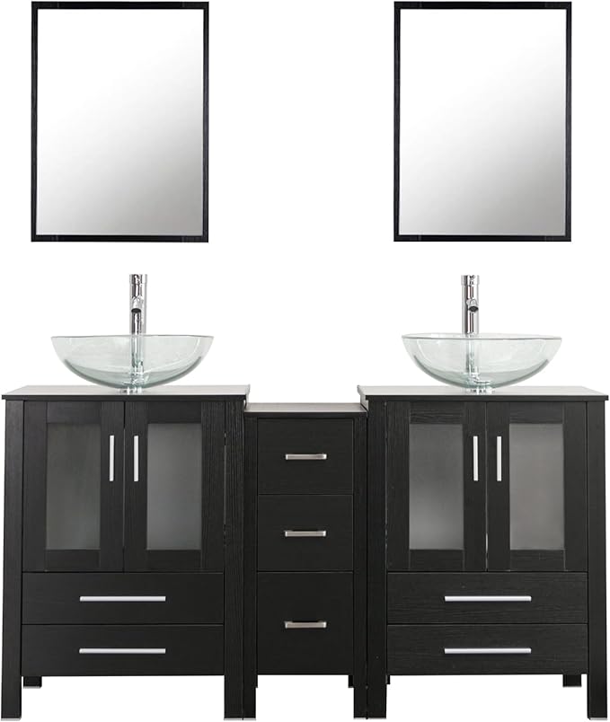 UEV 60" Double Sink Bathroom Vanity,Black Bathroom Vanity Set with Double Side Vanity Cabinets & Removable 3 Drawer Storage Cabinet,Modern Bathroom Vanity with Tempered Vessel Sink,Mirror Not Included