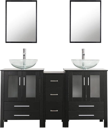 UEV 60" Double Sink Bathroom Vanity,Black Bathroom Vanity Set with Double Side Vanity Cabinets & Removable 3 Drawer Storage Cabinet,Modern Bathroom Vanity with Tempered Vessel Sink,Mirror Not Included