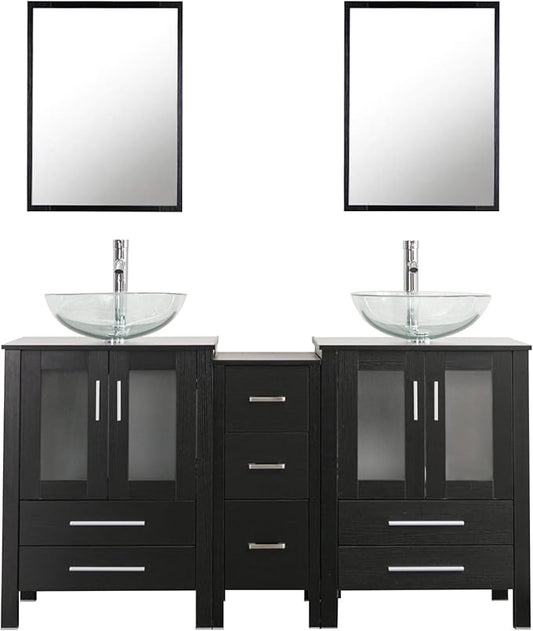 UEV 60" Double Sink Bathroom Vanity,Black Bathroom Vanity Set with Double Side Vanity Cabinets & Removable 3 Drawer Storage Cabinet,Modern Bathroom Vanity with Tempered Vessel Sink,Mirror Not Included