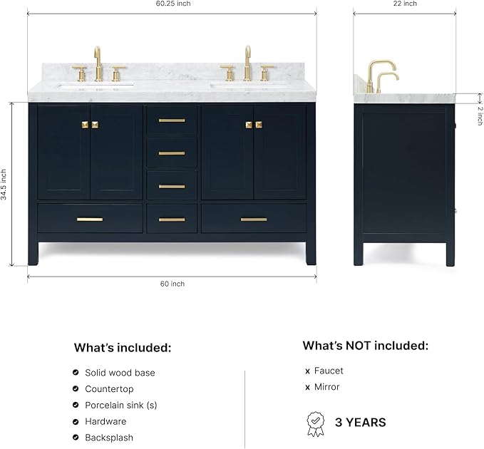 ARIEL Cambridge 60-inch Bathroom Vanity with Sink,Solid Wood, 2-inch Italian Carrara Marble Countertop, Double Rectangular Porcelain Sink, 4 Soft Closing Doors, 6 Dovetail Drawers, Midnight Blue