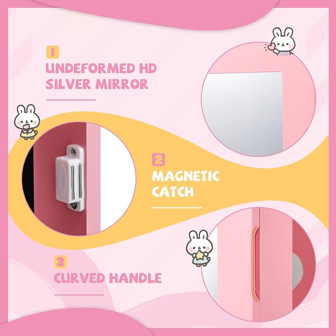 HONEY JOY Kids Jewelry Armoire Cabinet, Rabbit Themed Wooden Standing Jewelry Organizer w/Full-length Mirror and Storage Drawers, Children Dress Up Jewelry Cabinet for Little Girls (Pink)