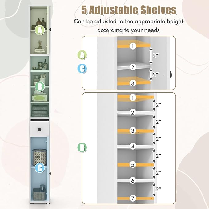 GIANTEX 71” Tall Slim Bathroom Storage Cabinet (White) | Narrow Floor Cabinet with 2 Doors, 5 Adjustable Shelves, 1 Drawer, Anti-Tipping Device for Small Spaces, Living Room, Kitchen