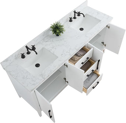 HomeBeyond 72 Inch Bathroom Vanity with Sink & Ceramic Top, Double Vanity Cabinet with Basin, Soft-Closing Doors & Matte Black Hardware, White