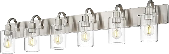 Emliviar Large Bathroom Wall Light, 6-Light Industrial Bathroom Lighting Fixtures Over Mirror, Brushed Nickel Finish with Clear Glass, YCE237B-6W BN