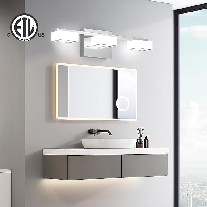 LED Modern Bathroom Light Fixtures Over Mirror, 3-Light Dimmable Vanity Lights, Chrome Acrylic Bathroom Vanity Light, 2700K-6500K Adjustable, ETL Certificated