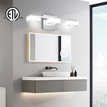 LED Modern Bathroom Light Fixtures Over Mirror, 3-Light Dimmable Vanity Lights, Chrome Acrylic Bathroom Vanity Light, 2700K-6500K Adjustable, ETL Certificated