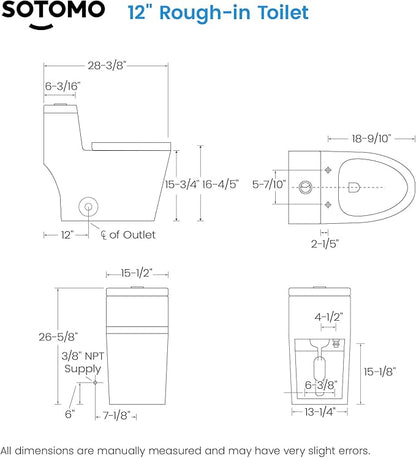 Elongated One Piece Toilet with Soft Closing Seat, 12'' Rough-In Modern Toilet for Bathrooms, 1.28 GPF Dual Flush, MAP 1000g, 28.4 x 15.5 x 26.6 Inches Standard White Toilet bowl