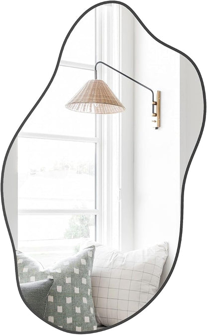20x33 Inch Irregular Black Bathroom Wall Mirror Asymmetrical Vanity Mirror | Farmhouse Accent Vanity Mirror Hanging Horizontal/Vertical Black Wood Wall Mirror Decorative for Bathroom Bedroom Entryway