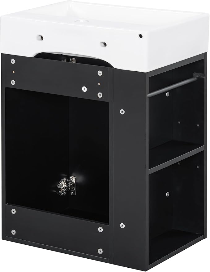 20" Floating Bathroom Vanity with Sink, Soft Closing Door,and Storage Shelves, Solid Wood Frame & MDF Modern Single Small Bathroom Vanity Cabinet with Open Shelf,Wall Mounted Black