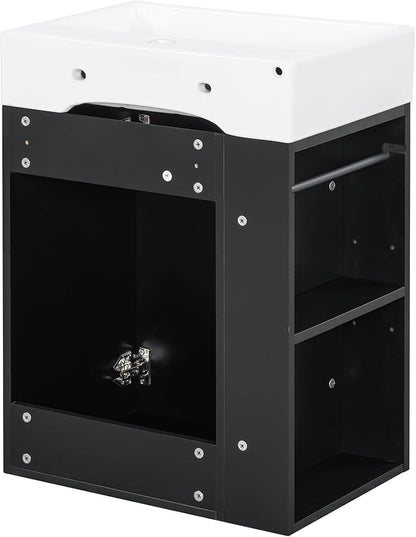 20" Floating Bathroom Vanity with Sink, Soft Closing Door,and Storage Shelves, Solid Wood Frame & MDF Modern Single Small Bathroom Vanity Cabinet with Open Shelf,Wall Mounted Black
