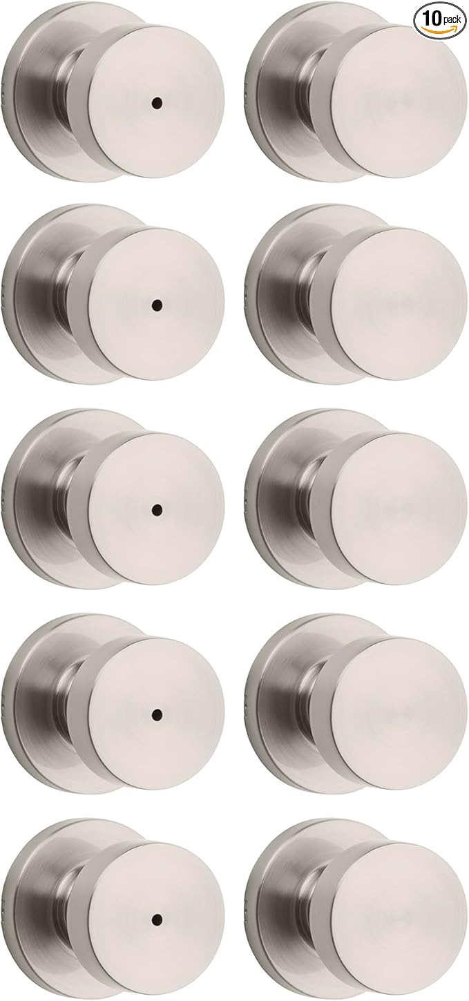Kwikset Pismo Door Knob Set, 10 Pack with 5 Non-Locking Passage and 5 Locking Keyless Privacy Handles, with Round Rose, Featuring Microban Protection in Satin Nickel