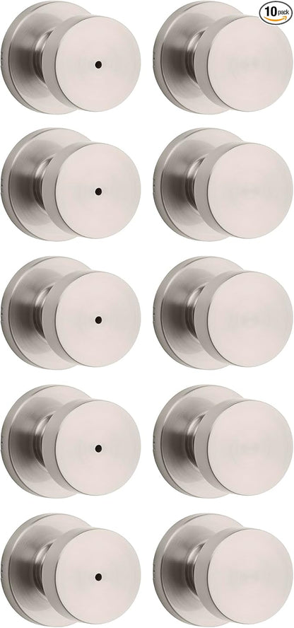 Kwikset Pismo Door Knob Set, 10 Pack with 5 Non-Locking Passage and 5 Locking Keyless Privacy Handles, with Round Rose, Featuring Microban Protection in Satin Nickel