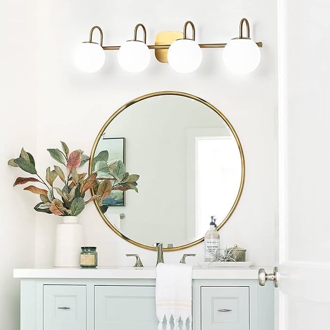 New Bathroom Vanity Light Fixtures 4-Lights Brushed Brass Frame and Milk White Glass Globe Shade Modern Wall Sconce Lighting Bath Vanity Lights Bar Over Mirror (Exclude G9 Bulb)