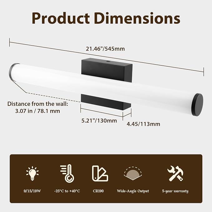 Bathroom Vanity Light 22IN 5CCT Dimmable Black Wall Light Over Mirror Bar