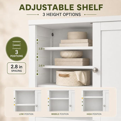 Nuturelly Bathroom Floor Storage Cabinet, 4 Doors, Anti-Tip, White | 23.7"D x 11.9"W x 42.6"H, Adjustable Shelves, Shaker style, 5-position Shelves, Anti-tip Kit, Rounded Corners, Easy Assembly