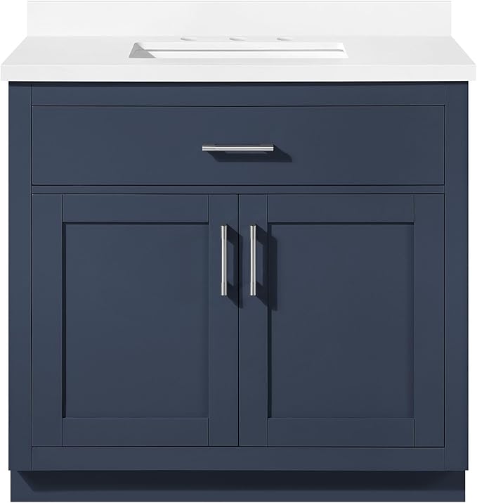 OVE Decors Bailey 36 in. Single Sink Freestanding Midnight Blue Bathroom Vanity with White Quartz Top and Matching Backsplash