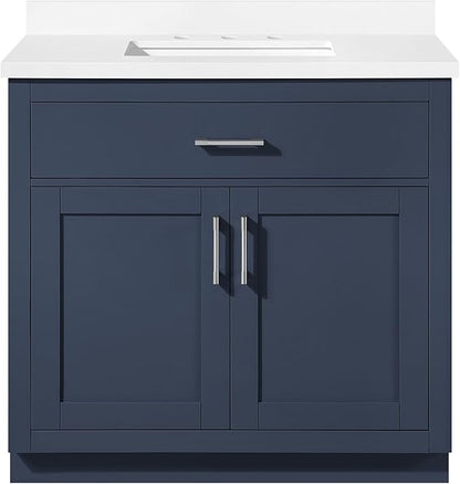 OVE Decors Bailey 36 in. Single Sink Freestanding Midnight Blue Bathroom Vanity with White Quartz Top and Matching Backsplash