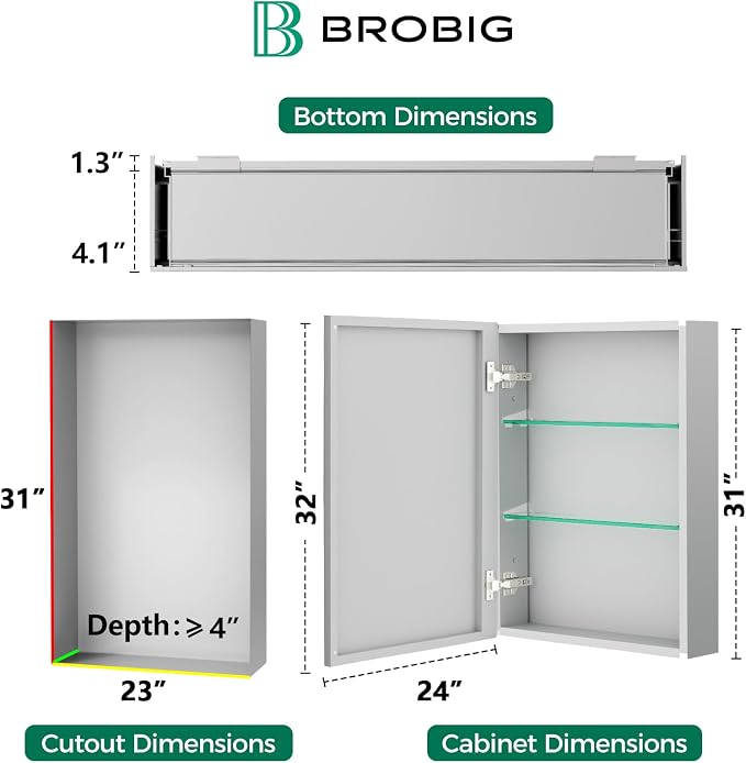 24 x 32 Aluminum Medicine Cabinet Mirror, Moisture & Rust Resistant Bathroom Wall Cabinet with Mirror, Recessed or Surface Mount with Adjustable Shelves, Tempered Glass & Soft Close Hinges