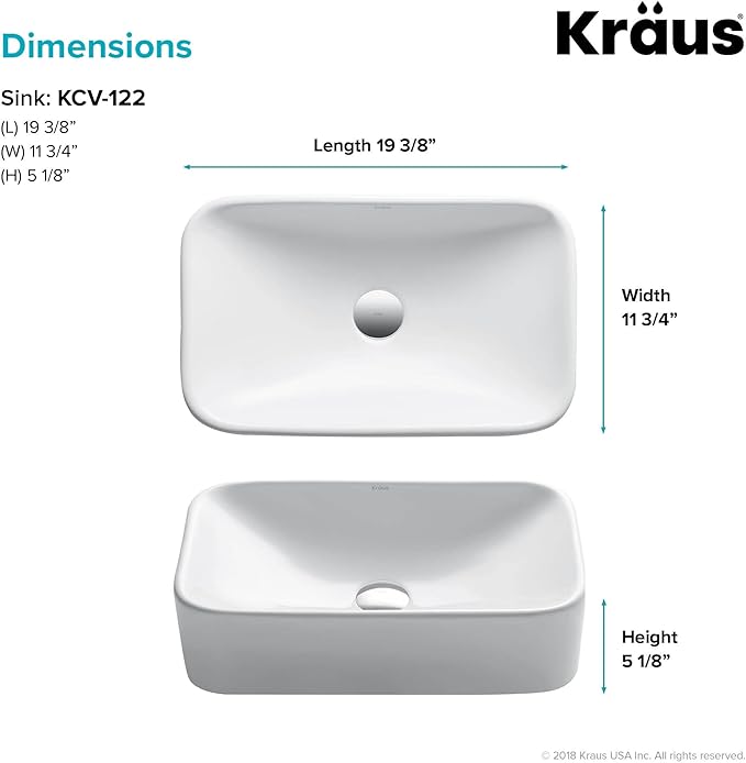 KRAUS Elavo Rectangular Vessel White Porcelain Ceramic Bathroom Sink, 19 inch KCV-122