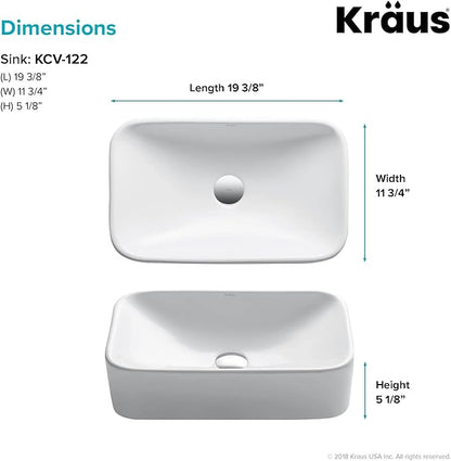 KRAUS Elavo Rectangular Vessel White Porcelain Ceramic Bathroom Sink, 19 inch KCV-122