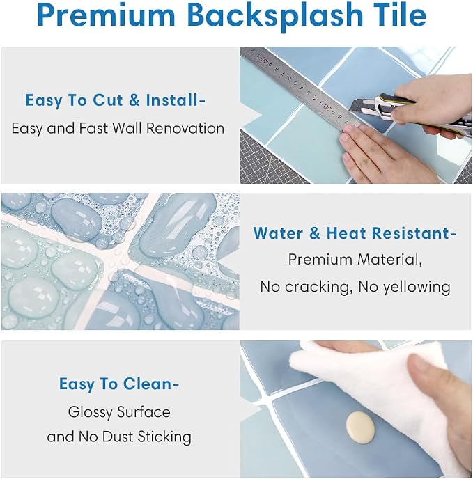 Thicker 3D Peel and Stick Backsplash Tiles, 10 Pcs 12" x 12" | Vintage Blue, Glossy Self Adhesive Backsplash Wall Sticker for Renter Friendly Bathroom DIY Wall Makeover, Cover 10 sq ft
