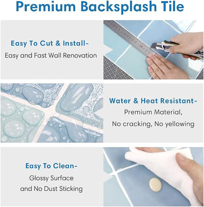 Thicker 3D Peel and Stick Backsplash Tiles, 10 Pcs 12" x 12" | Vintage Blue, Glossy Self Adhesive Backsplash Wall Sticker for Renter Friendly Bathroom DIY Wall Makeover, Cover 10 sq ft