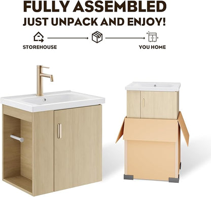 20 Inch Oak Floating Small Bathroom Vanity, Pre-Assembled Wall Mounted Cabinet with Sink, Left Side Storage, Soft-Close Door, Modern Space-Saving Design, No Faucet,BV04-20-OAK-PLUS