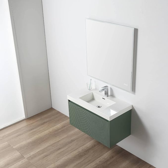 Blossom 36 Inch Bathroom Vanity with Sink, All Wood Wall Mounted Floating Bathroom Vanity Cabinet with Acrylic Sink, Bathroom Sink Cabinet w/Soft-Close Drawer, Modern Style Vanities, Aventurine Green