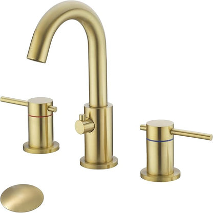 Bathroom Faucet 3 Hole Brushed Gold - Flow-Setting 8 Inch Widespread Bathroom Sink Faucet with 360° Swivel Spout for Small Vanity, with Overflow Pop Up Drain and cUPC Waterlines