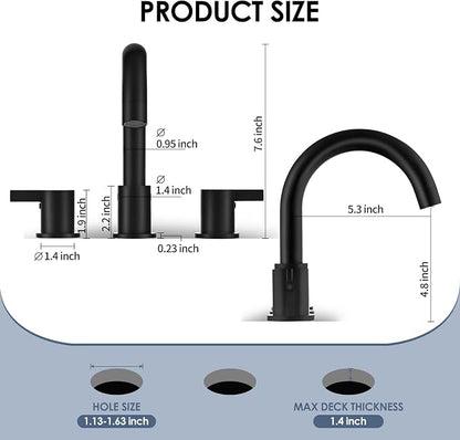 Two Handle Widespread Black Bathroom Faucet 3 Holes, Bathroom Sink Faucet with Metal Pop up Drain Assembly and cUPC Water Supply Lines, Black
