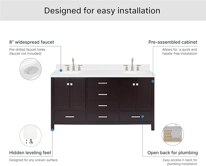 ARIEL Cambridge 66-inch Bathroom Vanity with Sink,Solid Wood, 1.5-inch Carrara White Quartz Countertop & Backsplash, Double Oval Porcelain Sink, 4 Soft Closing Doors, 6 Dovetail Drawers, Espresso