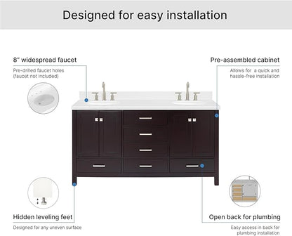 ARIEL Cambridge 66-inch Bathroom Vanity with Sink,Solid Wood, 1.5-inch Carrara White Quartz Countertop & Backsplash, Double Oval Porcelain Sink, 4 Soft Closing Doors, 6 Dovetail Drawers, Espresso