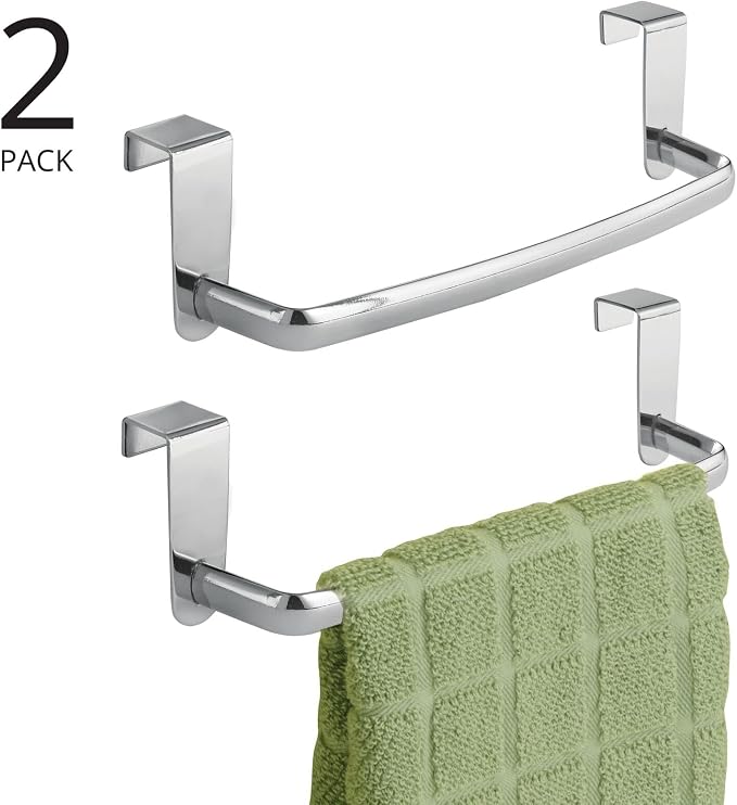 mDesign Steel Metal Wire Over Cabinet Towel Rack Storage Organizer - Hang on Cabinet or Door - Towel Bar Holder for Kitchen - Holds Hand Towels, Washcloths - Spira Collection, 2 Pack, Chrome
