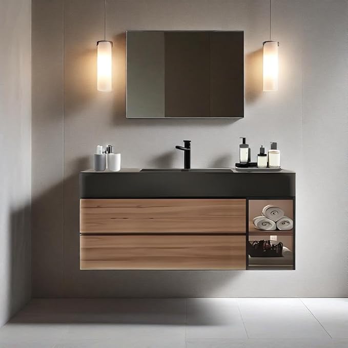 Floating Bathroom Vanity with Sink, Wall Mounted Cabinet with Seamless Integrated Basin, Walnut Color, Solid Wood Bathroom Cabinet, Pre-Assembly, Multiple Scenes (31.5in)