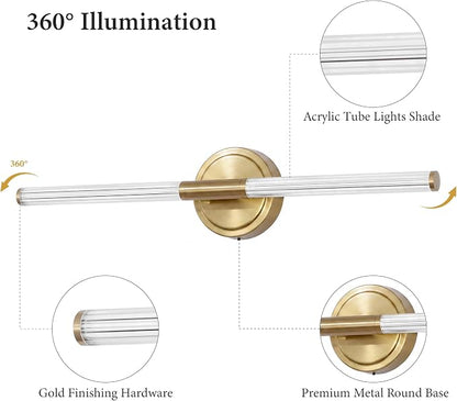 URSOLA 24" Modern LED Bathroom Light Fixtures, Golden 3CCT Dimmable Bathroom Vanity Light Over Mirror, Bathroom Vanity Bath Bar Lights with 360° Removable Acrylic Light Tube