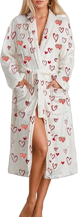 Women Fleece Fruit Print Robe Cute Robes for Women Spring Summer Lightweight Bathrobe Soft Flannel Gown with Belt