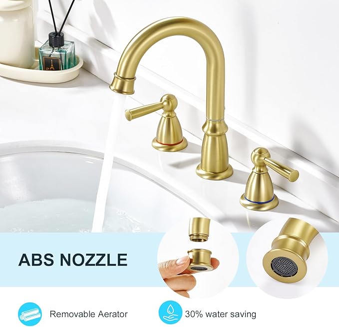 CREA Widespread Bathroom Faucet 3 Hole Brushed Gold Sink Faucet 8 inch with Pop Up Drain 2 Handle 4 inch Faucets for Vanity Lavatory Basin Restroom Bath Sink