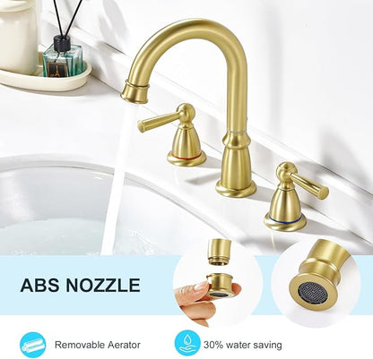 CREA Widespread Bathroom Faucet 3 Hole Brushed Gold Sink Faucet 8 inch with Pop Up Drain 2 Handle 4 inch Faucets for Vanity Lavatory Basin Restroom Bath Sink