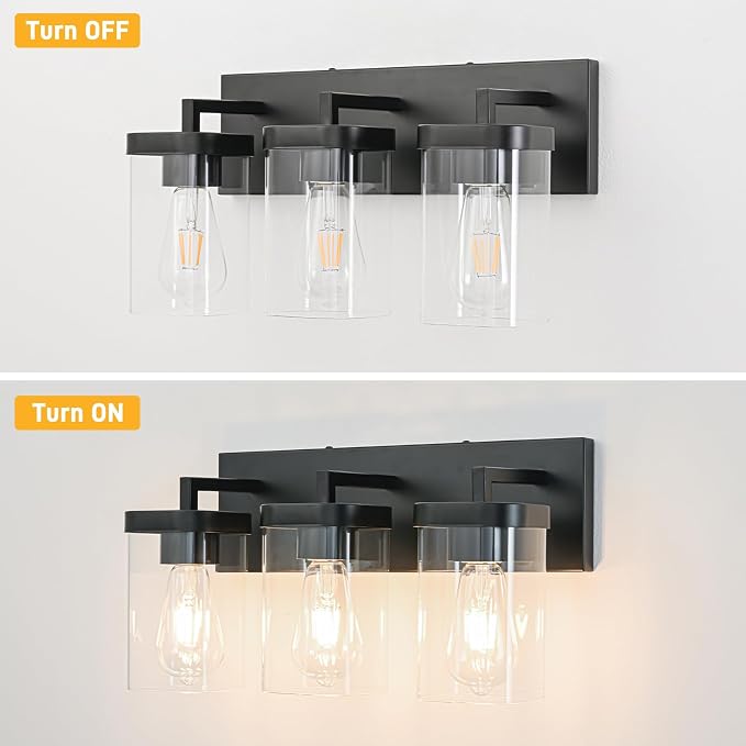 3-Light Bathroom Lighting Fixtures over Mirror, Matte Black Vanity Lights with Square Transparent Glass Shade, Modern Bathroom Vanity Light for Mirror Kitchen, Living Room, Gallery, Hallway