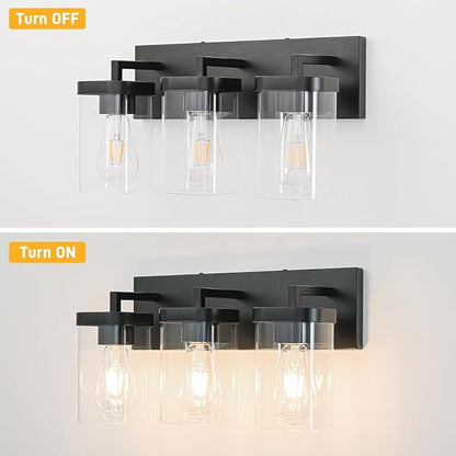 3-Light Bathroom Lighting Fixtures over Mirror, Matte Black Vanity Lights with Square Transparent Glass Shade, Modern Bathroom Vanity Light for Mirror Kitchen, Living Room, Gallery, Hallway