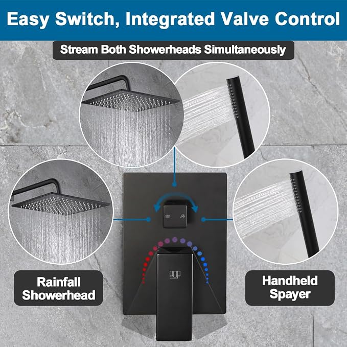 Matte Black Shower Faucet Set Rainfall 12 Inch Shower Head and Handle Set Bathroom Rain Shower System Wall Mounted Shower Fixture Include Shower Valve and Trim Kit