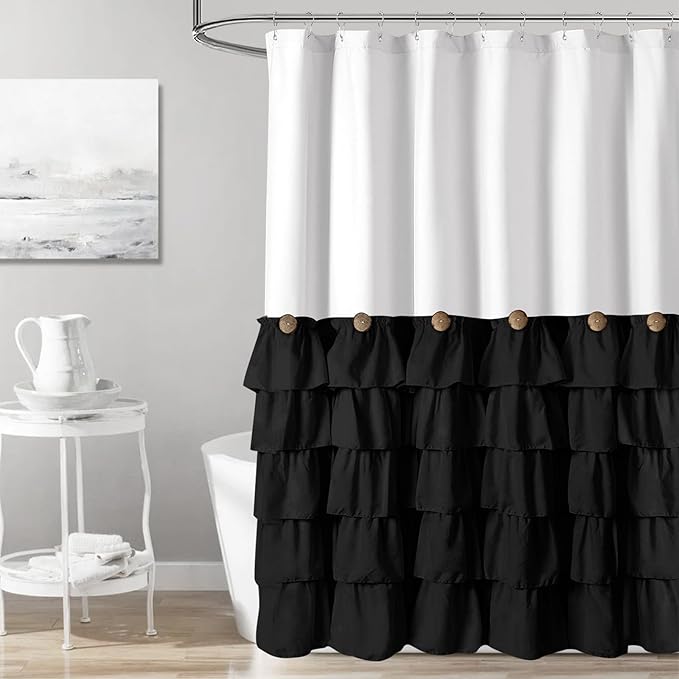 Seasonwood Black and White Farmhouse Shower Curtain 72 x 84 Black Ruffle | Natural button accents, layered fabric tiers, shabby chic and French country styling for decorative bathroom updates
